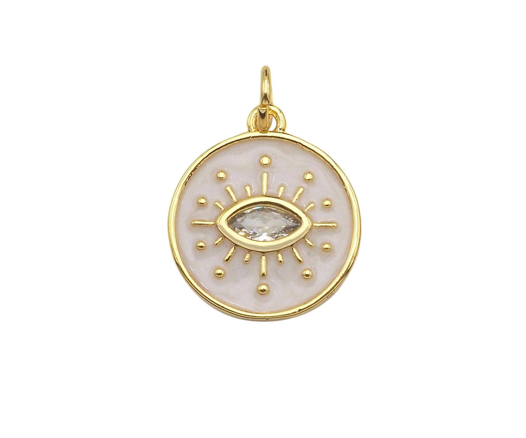 Enamel White Enamel Evil Eye On Round Coin Charm, Sku#Y434