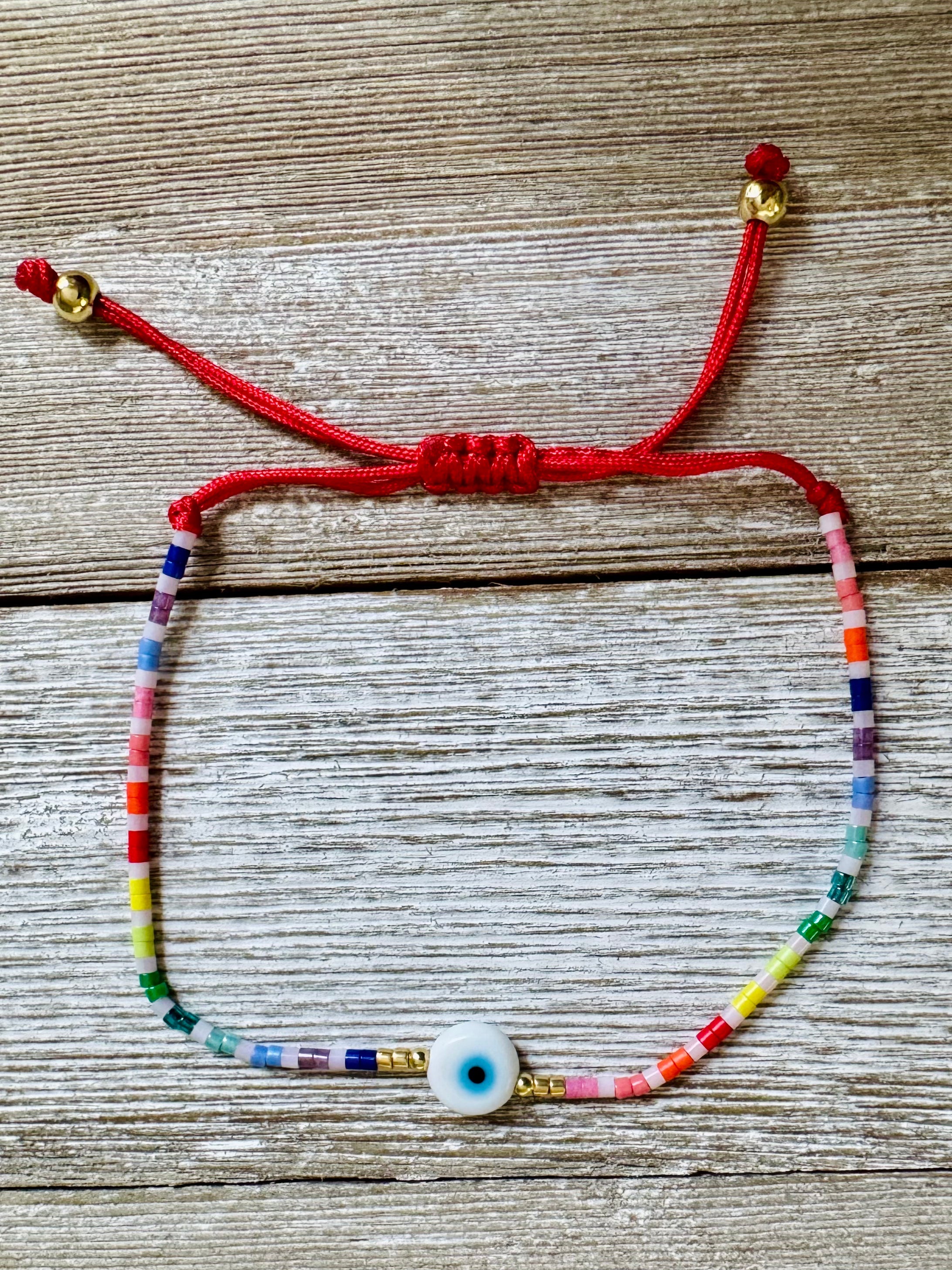 Rainbow Beaded Evil Eye Amulet Adjustable String Bracelets