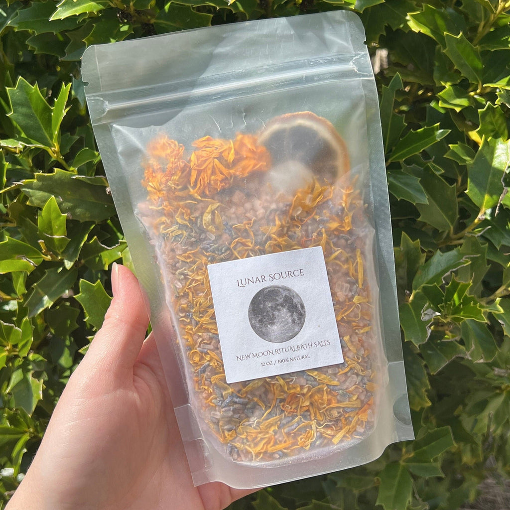 New Moon Ritual Bath Salts | New Beginnings Spiritual Witchy Energy Clearing Herbal Clear Quartz Crystal Bath Soak | Artemis Luna Goddess